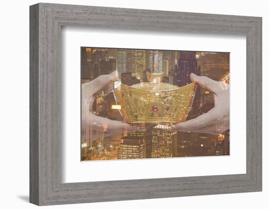 Holding Chinese New Year Gold Ingot, Night City View-XiXinXing-Framed Photographic Print