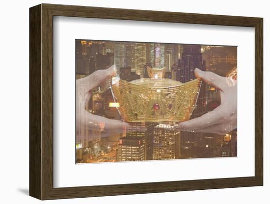 Holding Chinese New Year Gold Ingot, Night City View-XiXinXing-Framed Photographic Print