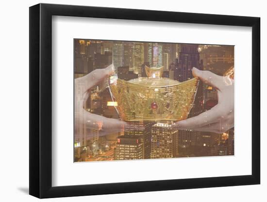 Holding Chinese New Year Gold Ingot, Night City View-XiXinXing-Framed Photographic Print