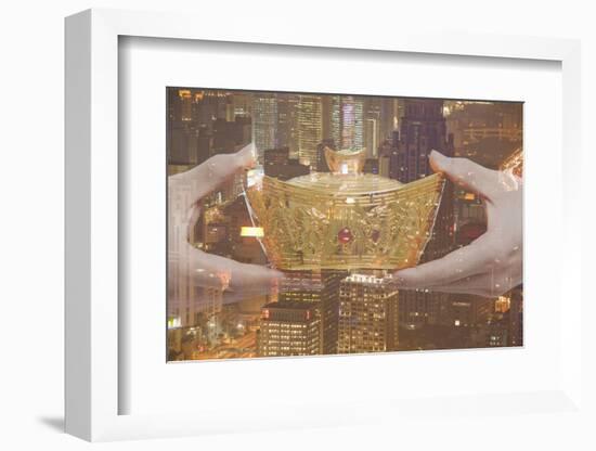 Holding Chinese New Year Gold Ingot, Night City View-XiXinXing-Framed Photographic Print