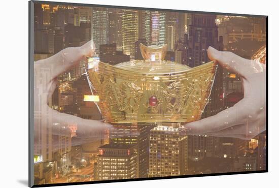Holding Chinese New Year Gold Ingot, Night City View-XiXinXing-Mounted Photographic Print