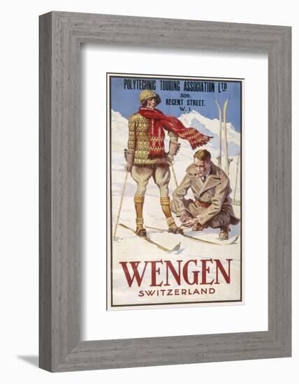 Holiday Poster for Wengen in Switzerland Showing a Couple Skiing-null-Framed Photographic Print