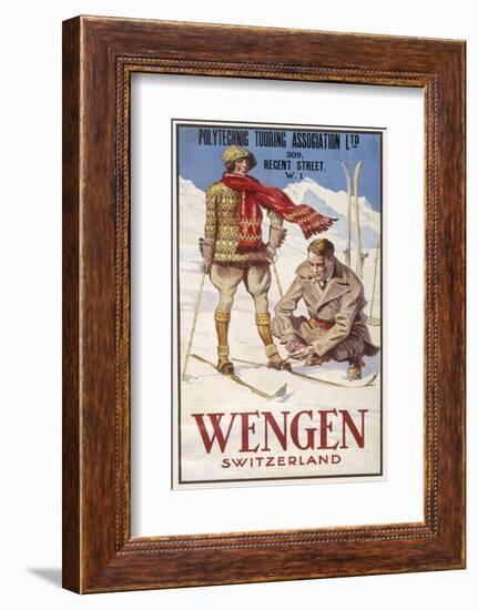 Holiday Poster for Wengen in Switzerland Showing a Couple Skiing-null-Framed Photographic Print