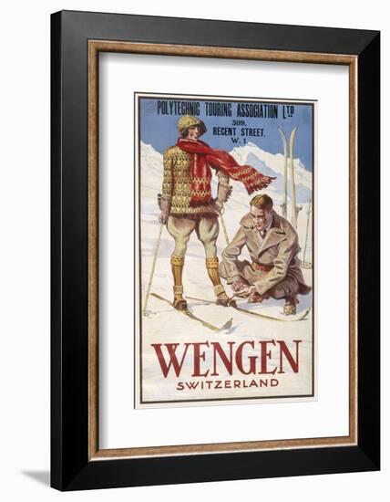 Holiday Poster for Wengen in Switzerland Showing a Couple Skiing-null-Framed Photographic Print