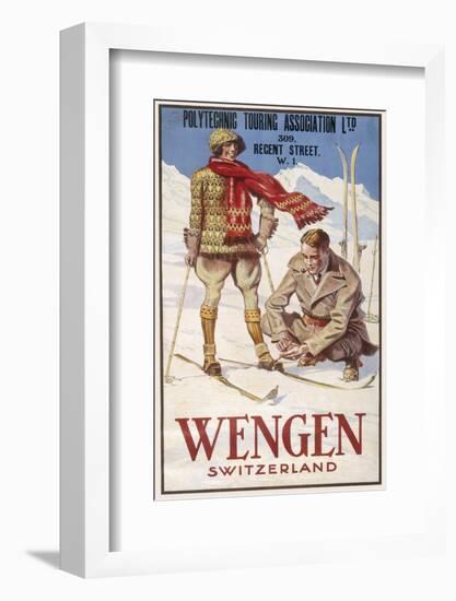 Holiday Poster for Wengen in Switzerland Showing a Couple Skiing-null-Framed Photographic Print