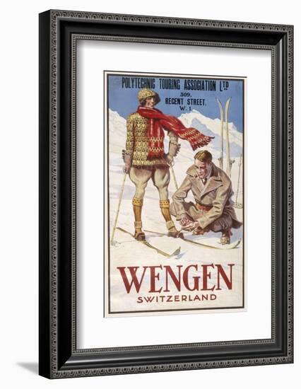 Holiday Poster for Wengen in Switzerland Showing a Couple Skiing-null-Framed Photographic Print