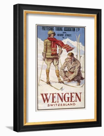 Holiday Poster for Wengen in Switzerland Showing a Couple Skiing-null-Framed Photographic Print