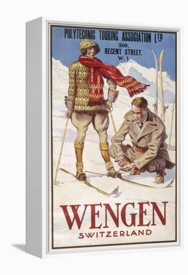 Holiday Poster for Wengen in Switzerland Showing a Couple Skiing-null-Framed Premier Image Canvas