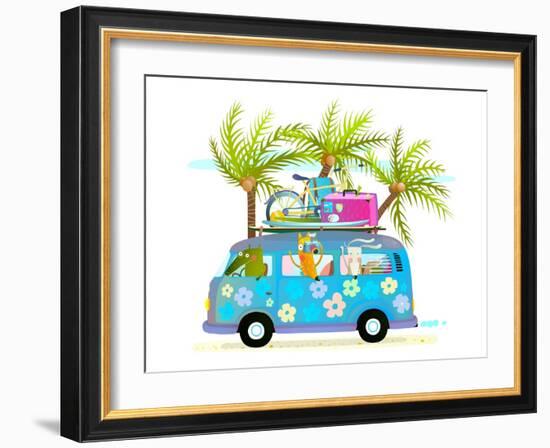 Holiday Summer Bus with Beach Tropical Vacation Tourists Baby Animals and Palms. Touristic Holidays-Popmarleo-Framed Art Print