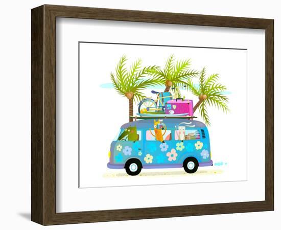 Holiday Summer Bus with Beach Tropical Vacation Tourists Baby Animals and Palms. Touristic Holidays-Popmarleo-Framed Art Print