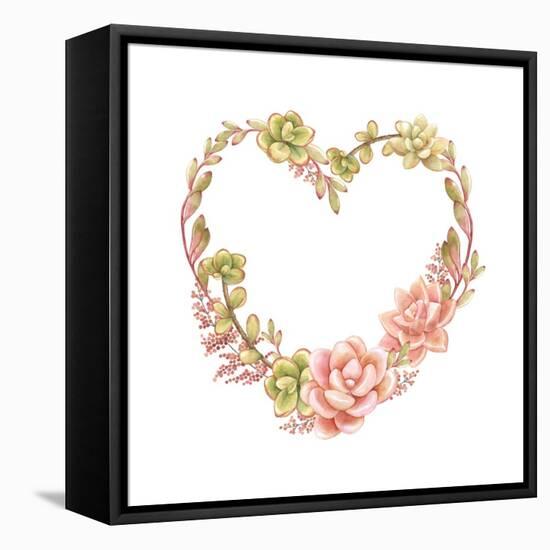 Holiday Wreath of Watercolor Succulents in the Form of Heart, Vector Illustration in Vintage Style.-Nikiparonak-Framed Stretched Canvas