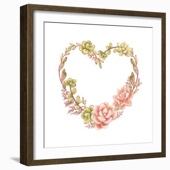 Holiday Wreath of Watercolor Succulents in the Form of Heart, Vector Illustration in Vintage Style.-Nikiparonak-Framed Art Print