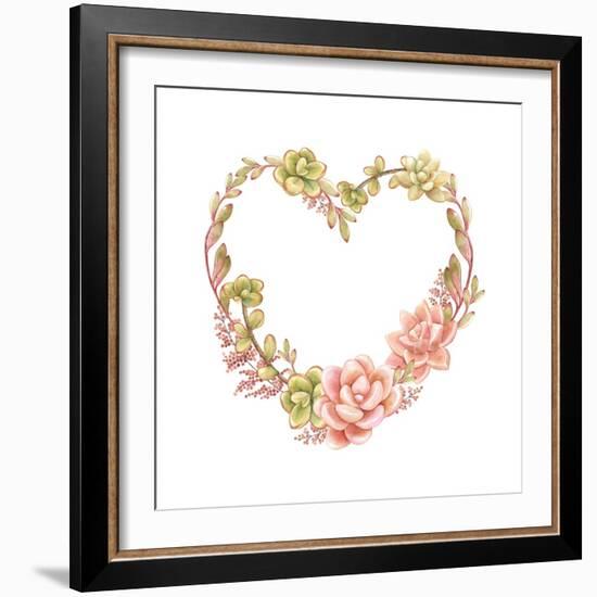 Holiday Wreath of Watercolor Succulents in the Form of Heart, Vector Illustration in Vintage Style.-Nikiparonak-Framed Art Print