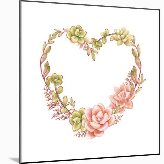 Holiday Wreath of Watercolor Succulents in the Form of Heart, Vector Illustration in Vintage Style.-Nikiparonak-Mounted Art Print