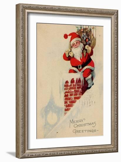 Holidays Christmas Card Santa on a roof Merry Christmas Greetings-null-Framed Art Print