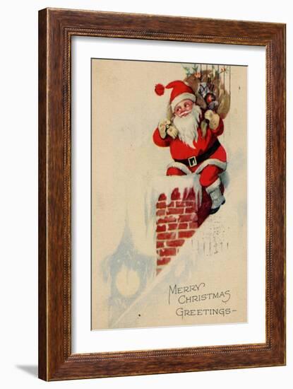 Holidays Christmas Card Santa on a roof Merry Christmas Greetings-null-Framed Art Print