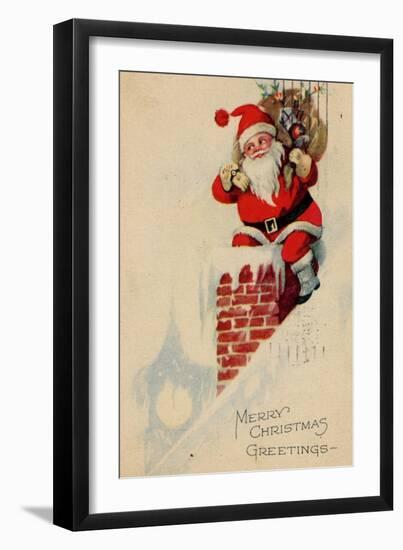 Holidays Christmas Card Santa on a roof Merry Christmas Greetings-null-Framed Art Print