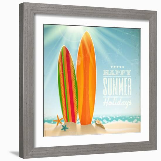 Holidays Vintage Design - Surfboards On A Beach Against A Sunny Seascape-vso-Framed Art Print