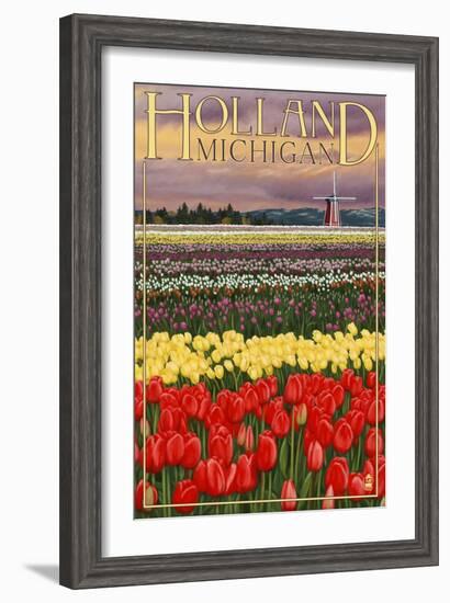 Holland, Michigan - Tulip Fields-Lantern Press-Framed Art Print