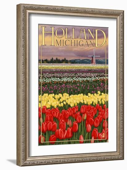 Holland, Michigan - Tulip Fields-Lantern Press-Framed Premium Giclee Print