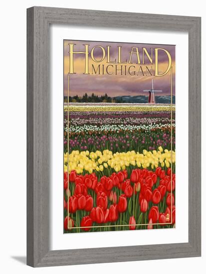 Holland, Michigan - Tulip Fields-Lantern Press-Framed Premium Giclee Print