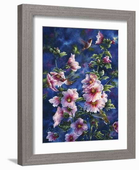 Hollyhocks and Hummingbirds-Jeff Tift-Framed Giclee Print