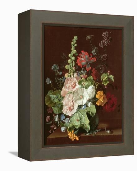 Hollyhocks and Other Flowers in a Vase, 1702-20-Jan van Huysum-Framed Premier Image Canvas