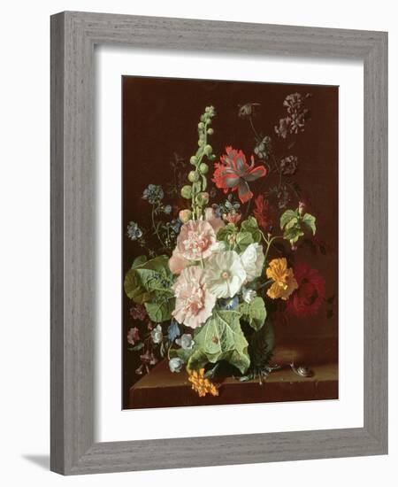 Hollyhocks and Other Flowers in a Vase, 1702-20-Jan van Huysum-Framed Giclee Print