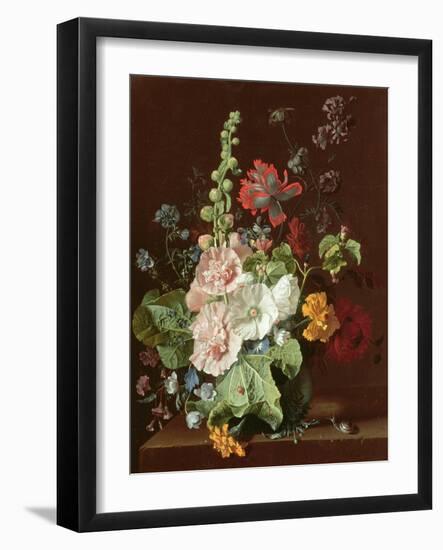 Hollyhocks and Other Flowers in a Vase, 1702-20-Jan van Huysum-Framed Giclee Print