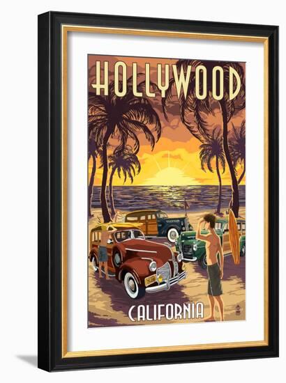 Hollywood, California - Woodies on the Beach-Lantern Press-Framed Art Print