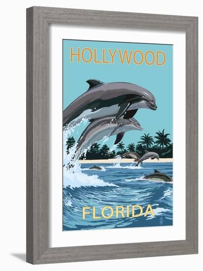 Hollywood, Florida - Dolphins Jumping-Lantern Press-Framed Premium Giclee Print