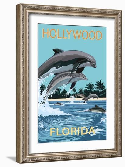 Hollywood, Florida - Dolphins Jumping-Lantern Press-Framed Art Print