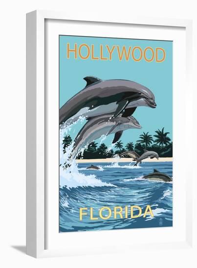 Hollywood, Florida - Dolphins Jumping-Lantern Press-Framed Art Print