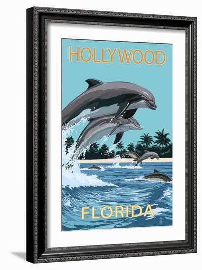 Hollywood, Florida - Dolphins Jumping-Lantern Press-Framed Art Print