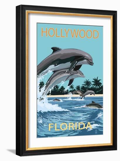 Hollywood, Florida - Dolphins Jumping-Lantern Press-Framed Art Print