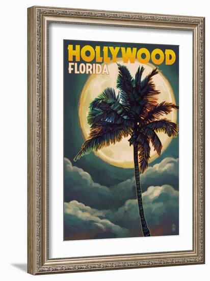 Hollywood, Florida - Palms and Moon-Lantern Press-Framed Art Print