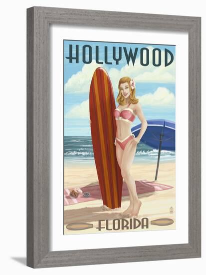 Hollywood, Florida - Surfer Pinup Girl-Lantern Press-Framed Art Print