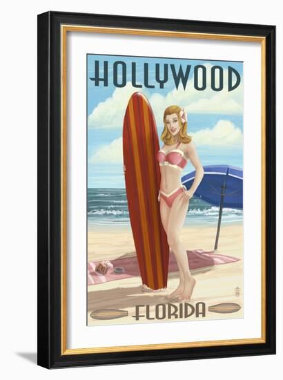 Hollywood, Florida - Surfer Pinup Girl-Lantern Press-Framed Art Print