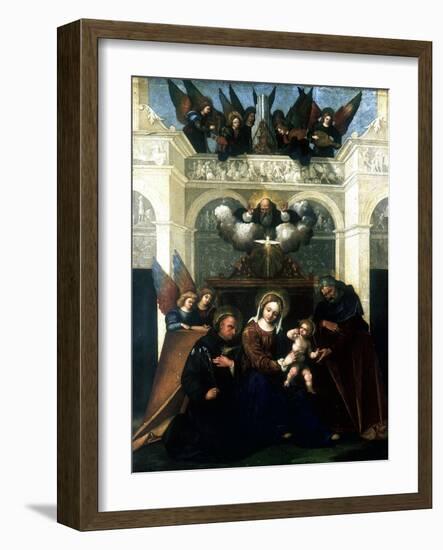Holy Family with Saint Nicholas of Tolentino, 1515-1530-Lodovico Mazzolini-Framed Giclee Print