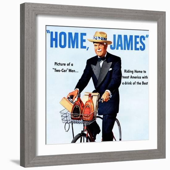 "Home, James" Retro Whiskey Advertisement, Gentleman on Bicycle-Piddix-Framed Art Print