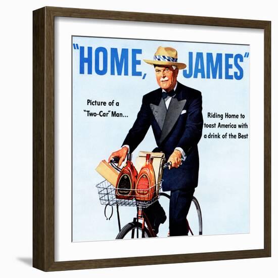 "Home, James" Retro Whiskey Advertisement, Gentleman on Bicycle-Piddix-Framed Art Print