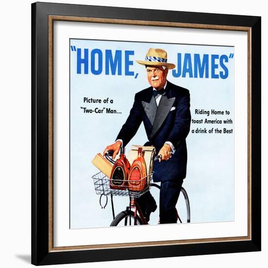 "Home, James" Retro Whiskey Advertisement, Gentleman on Bicycle-Piddix-Framed Art Print