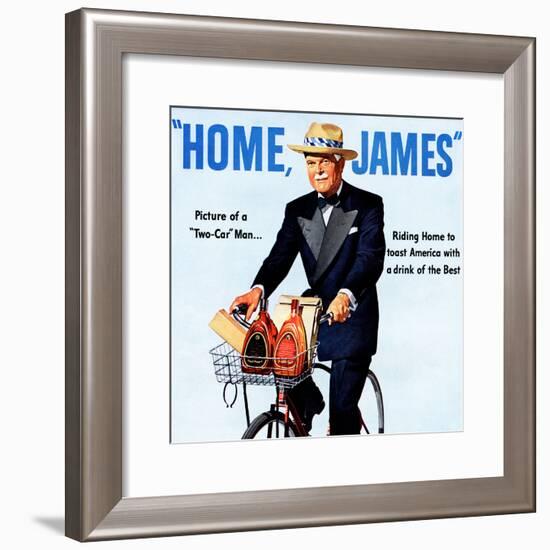 "Home, James" Retro Whiskey Advertisement, Gentleman on Bicycle-Piddix-Framed Art Print