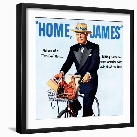 "Home, James" Retro Whiskey Advertisement, Gentleman on Bicycle-Piddix-Framed Art Print