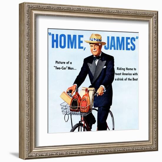 "Home, James" Retro Whiskey Advertisement, Gentleman on Bicycle-Piddix-Framed Art Print