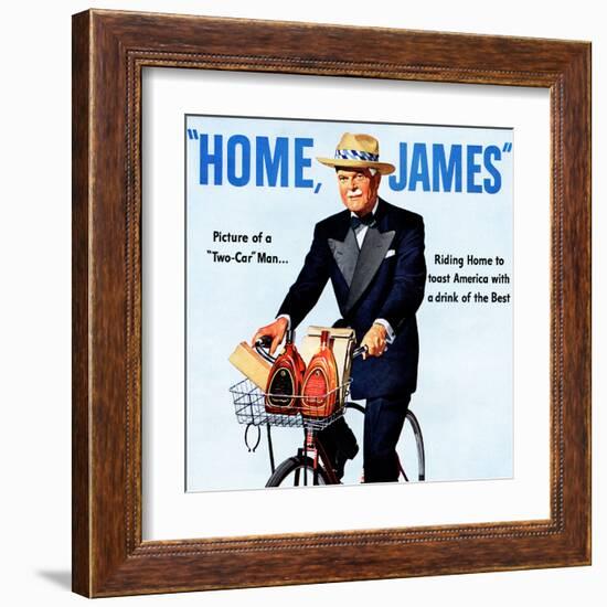 "Home, James" Retro Whiskey Advertisement, Gentleman on Bicycle-Piddix-Framed Art Print