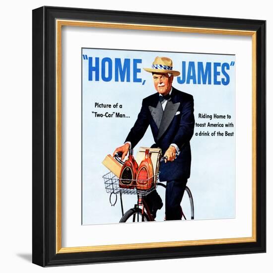 "Home, James" Retro Whiskey Advertisement, Gentleman on Bicycle-Piddix-Framed Art Print