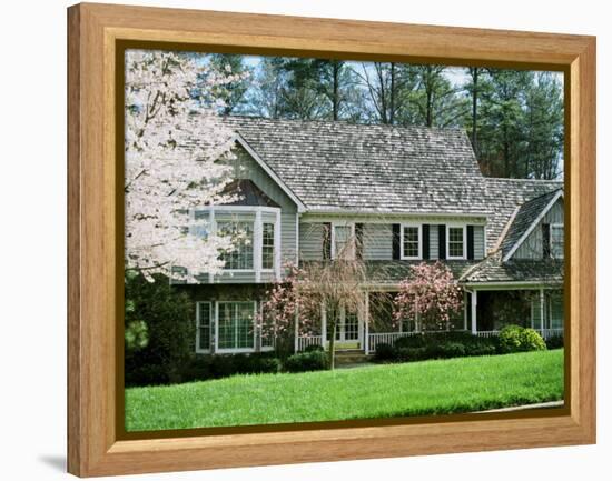 Home with Trees Blooming in Springtime-null-Framed Premier Image Canvas