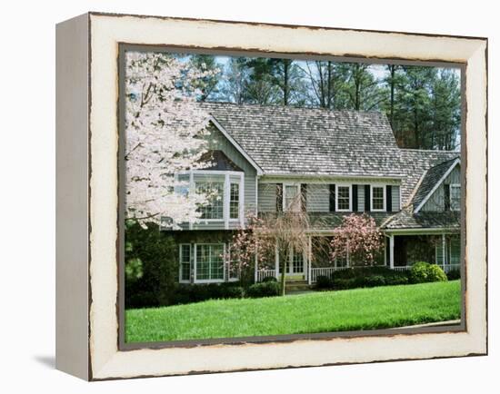Home with Trees Blooming in Springtime-null-Framed Premier Image Canvas
