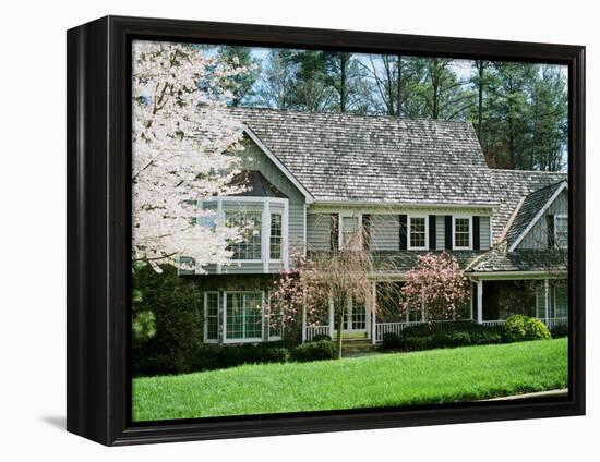 Home with Trees Blooming in Springtime-null-Framed Premier Image Canvas